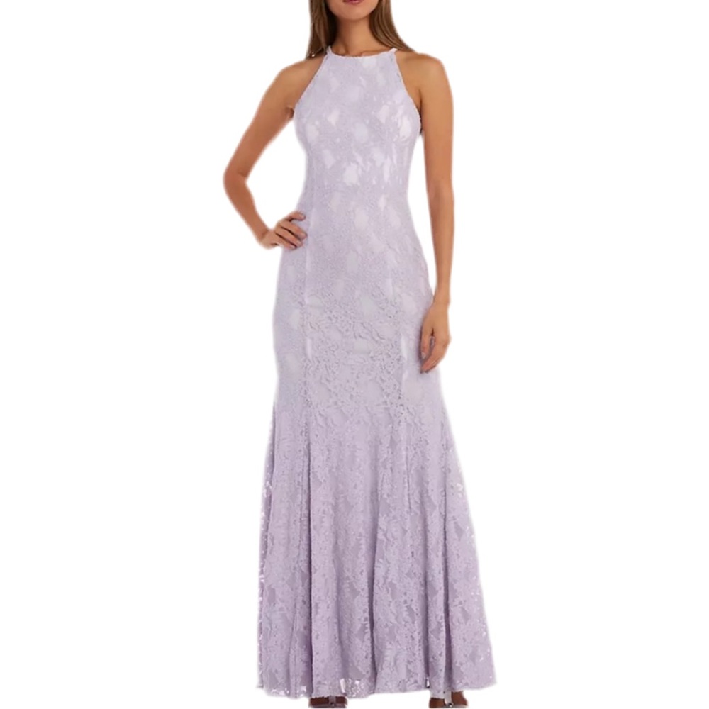 Morgan & Co Lavender Lace Halter Maxi Formal Gown, Size 5 NWT